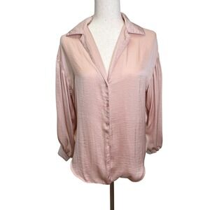 Glam Women Blush Pink Satin Balloon Sleeve High Low Cropped Back Blouse Small